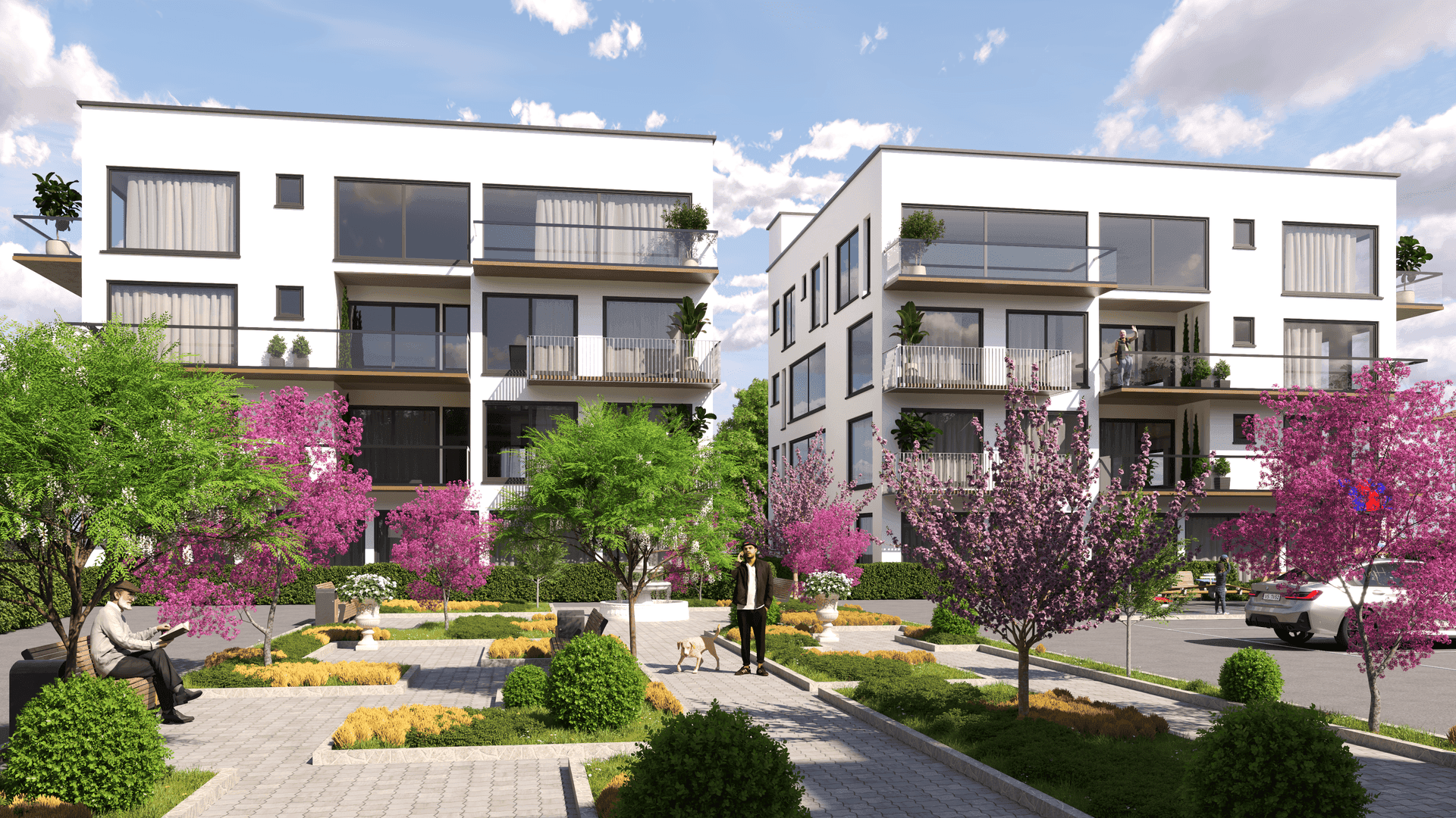 2 new buildings with park in front